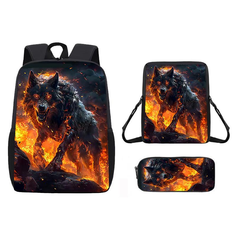 Pattern Animal Wolf Backpack Kids Shoulder Bag Pencil Case Student Use School