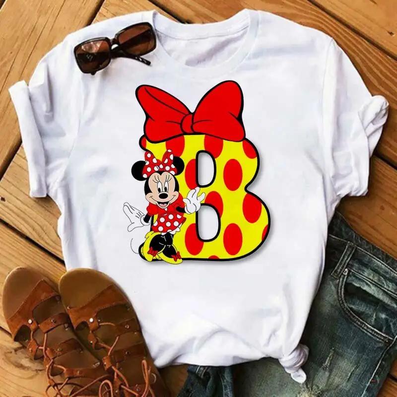 Kawaii Ladies Tees Disney Cartoon Mickey Mouse Letter Minnie T-shirt White Short-sleeved Women 90S Tops Summer Loose Blouse