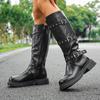 Punk Metal Belt Buckle Pu Knee High Boots Women 2025 Winter Sexy Medium Heel Black Long Riding Boots Casual Western Cowboy Shoes