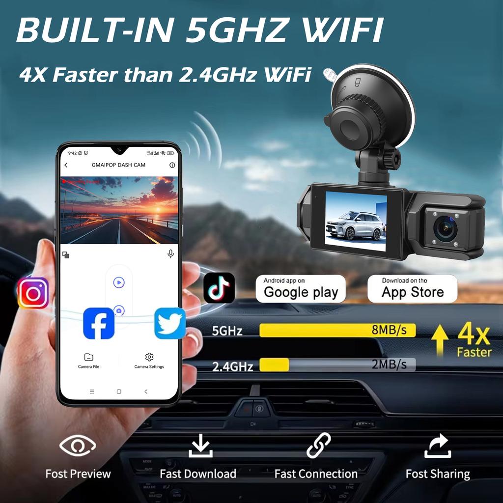 1080P WIFI Camera for cars, 3Channel Dash cam Front Inside and rear  car DVR with IR Night Vision Loop Recording Wide angle cam