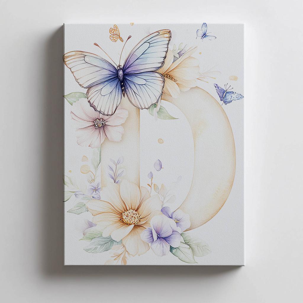 Plakat Urokliwa Litera "D" - Kwiaty I Motyle Plakat Urokliwa Litera "D" - Kwiaty I Motyle, 30X40 Cm, Bez Ramy, Płótno Premium Na Blejtramie