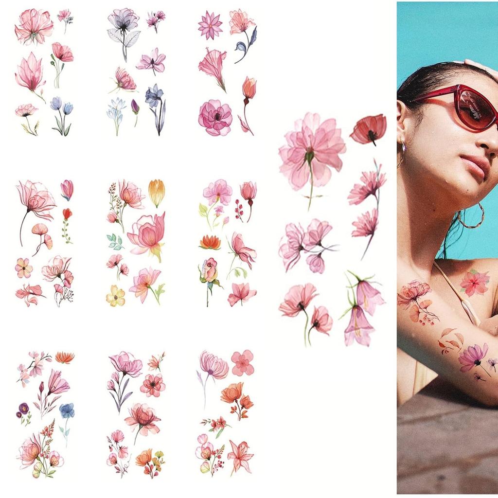10 Pcs 3D Watercolor Lavender Flower Temporary Tattoos For Women Body Art Arm Fake Adults Tattoosticker Waterproof Girls Tatoos
