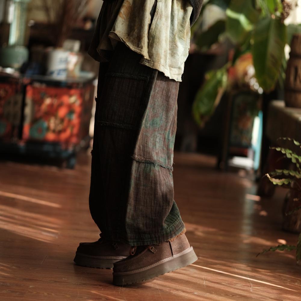 Johnature Vintage Damskie Spodnie z Szerokimi Nogawkami Elastyczny Pas Luźne Spodnie Patchworkowe Jesienny Nadruk Kwiatowy Długie Spodnie