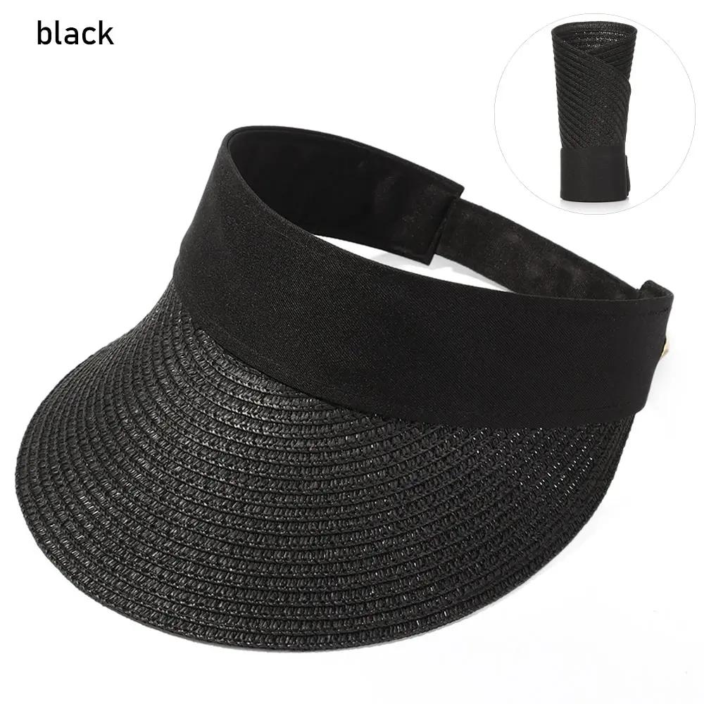 2025 New Summer Casual Roll-up Straw Cap Visor For Women Foldable Portable Beach Hat Outdoor Wide Brim Sun Hat Fashion Accessory
