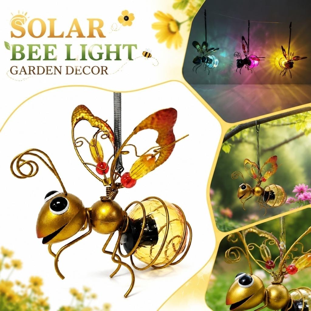 Solar Powered Bee Garden Light Outdoor Decorative Metal Sculpture with Glass Globe for Yard Patio Lawn Pathway Accent Lighting