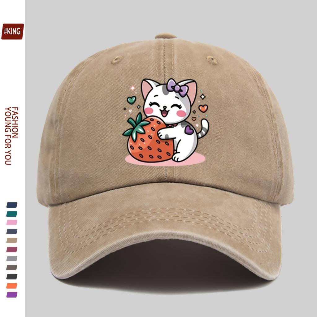 Cute Kitten Strawberry Graphic Washed Baseball Cap Denim Casual Adjustable Outdoor Dad Hat