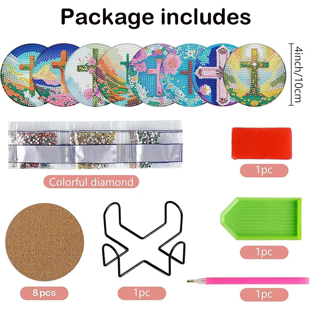 6PCS Special Shape Diamond Painting Crafts Coaster with Holder Crucifix Birth of Jesus for Coffee Table Bar Mugs Glass Cup Beer