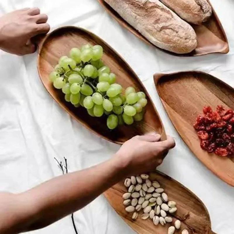 Solid Wood Leaf Shaped Tray Dim Sum Plate Steak Sushi Barbecue Western Food Tableware Heat Insulation Pad Wood Fruit Plate