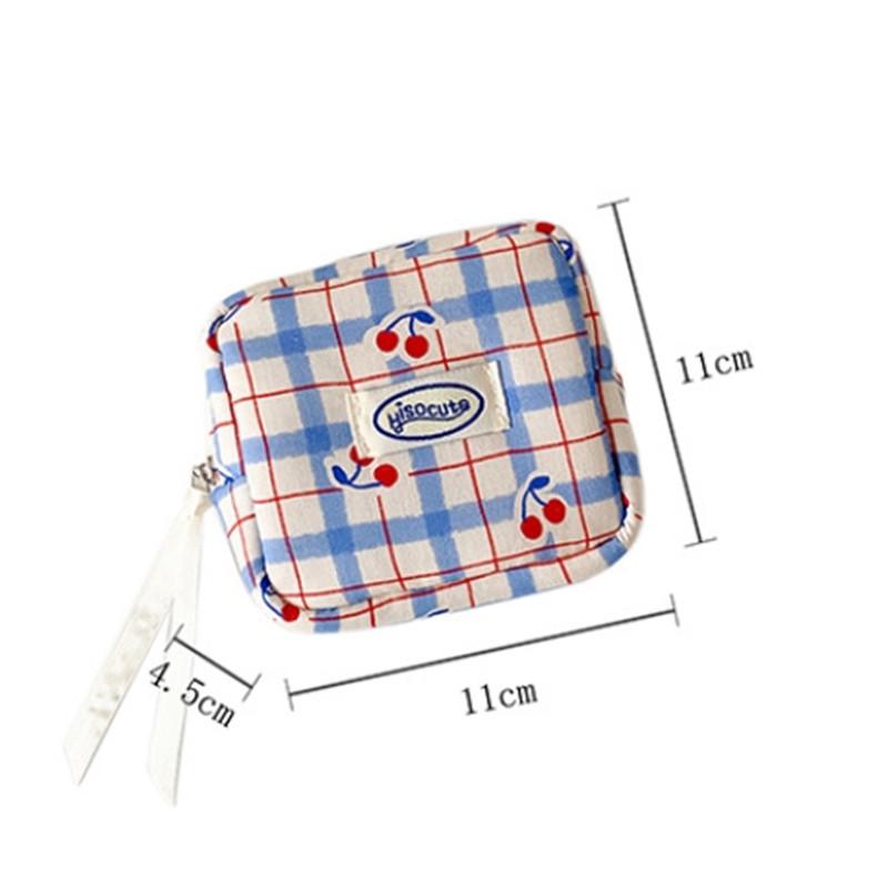 Bolsa de Cosméticos de Cuadros Grandes Coreana Bolsa de Higiene Femenina de Cereza Pequeña de Alto Valor Bolsa de Almacenamiento Mini Portátil Bolsa para Auriculares Bluetooth