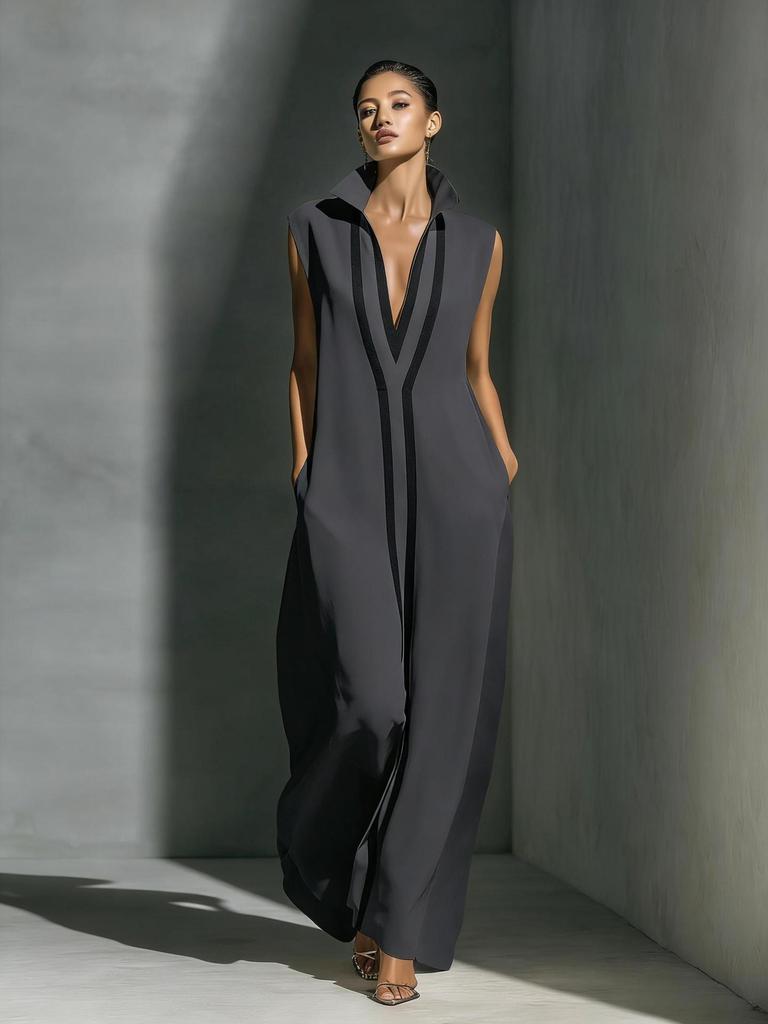Women's Sleeveless V Neck Striped Jumpsuit, Wide Leg Elegant Romper with Collar for Summer