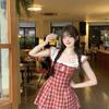 Versatile Short Skirt for Petite Women, New Summer Style, Red Plaid Look, Slimming, Sweet and Elegant Flutter-Sleeve Dress