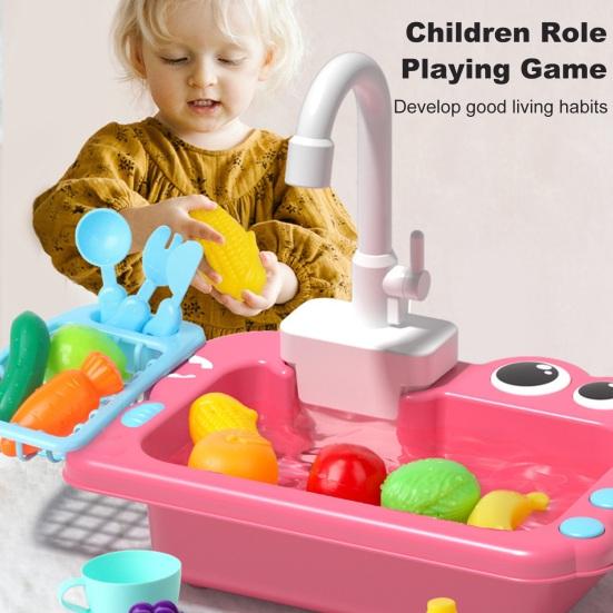 Mini Toddler Playhouse Dishwasher Set Electric Water Circulation 18Pcs Accessories Simulated Faucet Rotating Heat-Resistant Quick-Drying Basket Role