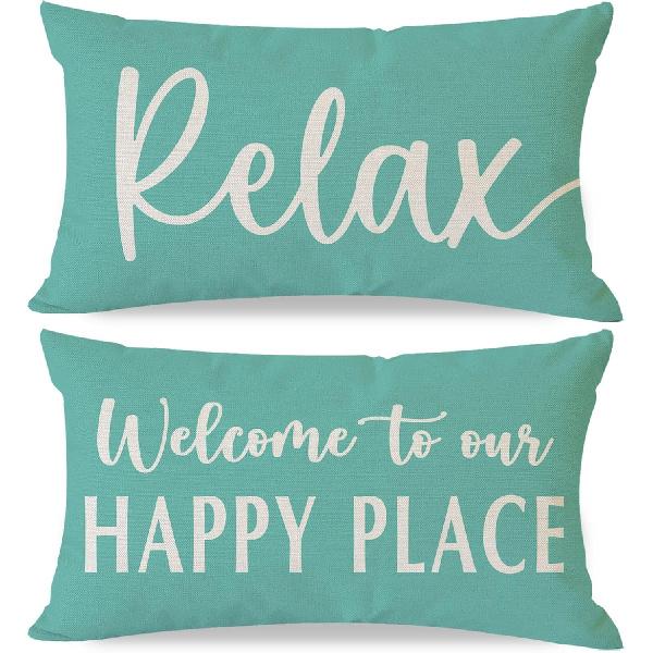 Welcome to Our Happy Place Relax Decorative Throw Pillow Covers 12x20 Inch Set of 2 Orange Outdoor Farmhouse Spring Fall Decor Lumbar Cushion Case