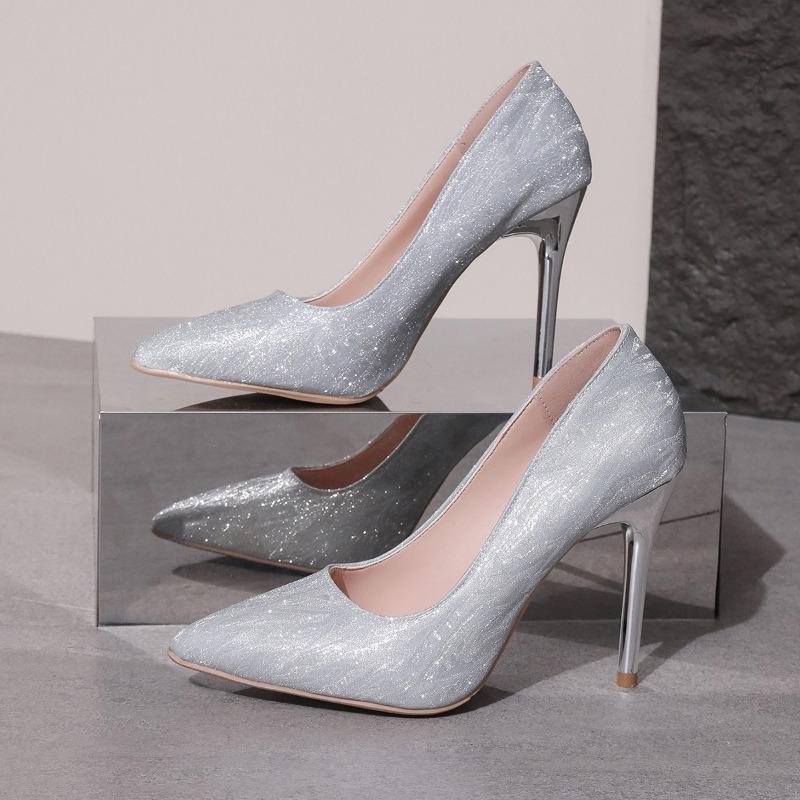 Silver high heels single shoes women's thin heels autumn new pointed wedding shoes large size 4143 temperament high sense