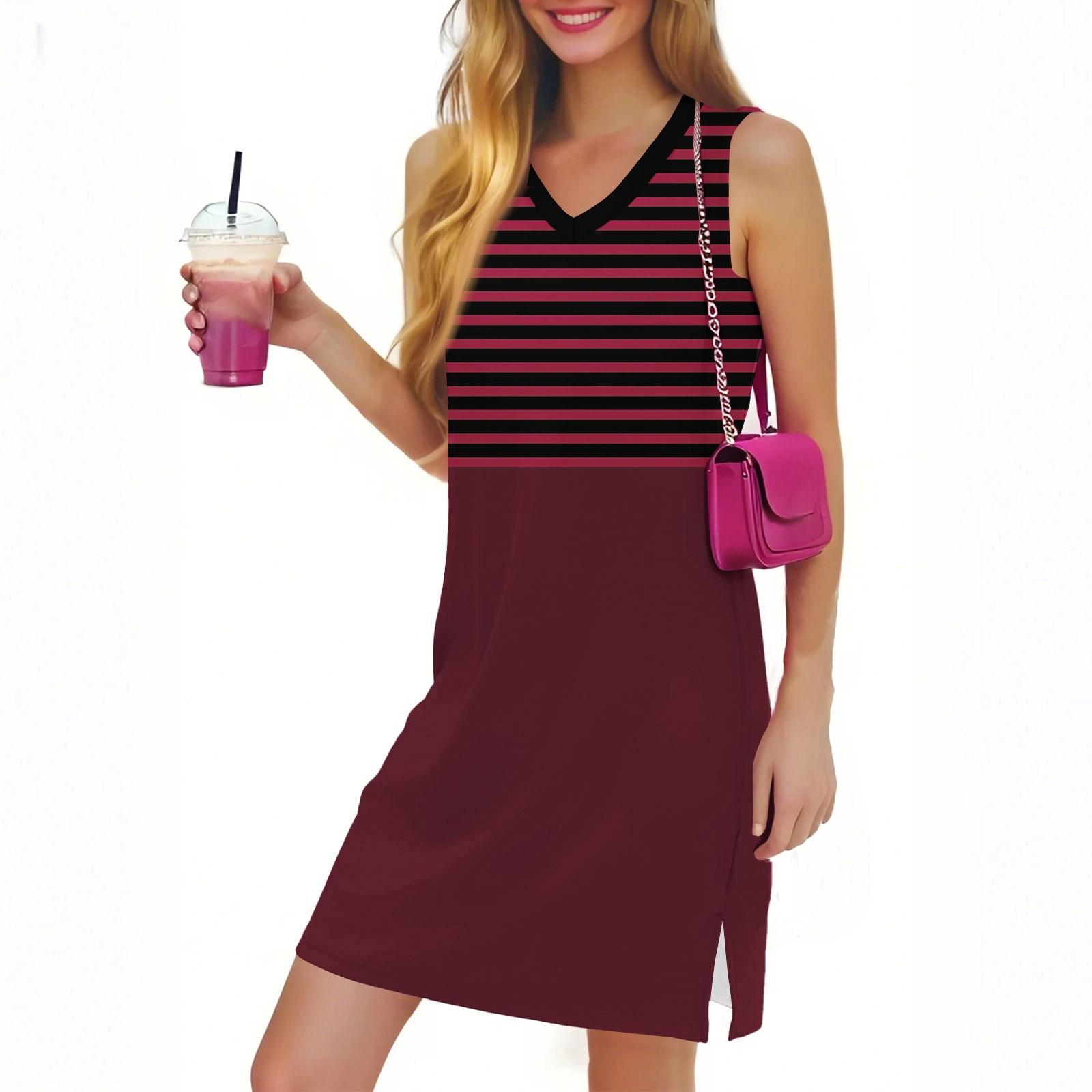 

Женское повседневное модное сексуальное платье без рукавов с V-образным вырезом и разрезом по низу в полоску M винный