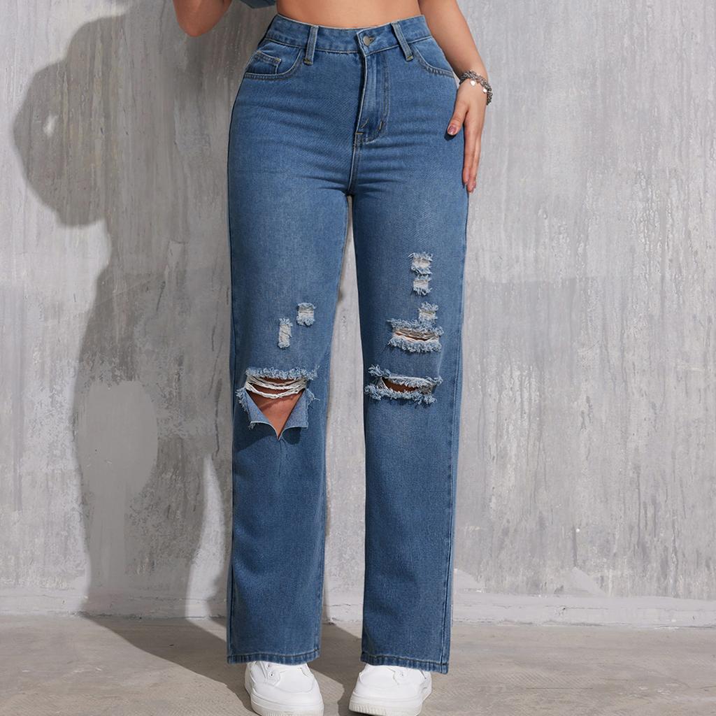 Women's High Waist Washed Women's Jeans Fashionable Versatile Straight Leg Pants