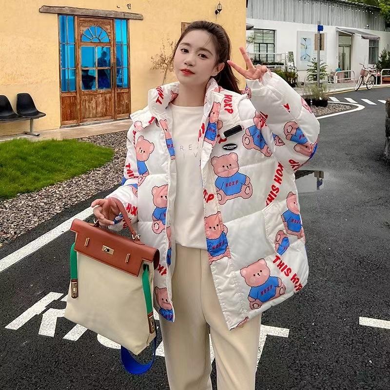 Vinterjacka dam dun bomull dam koreansk lös tjock huva parka
