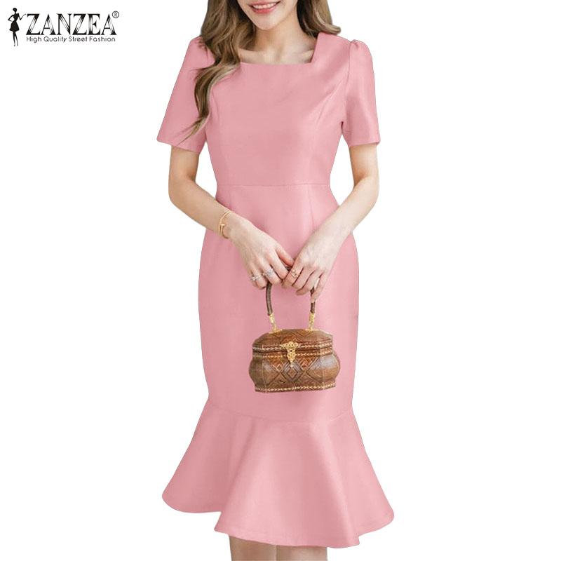 ZANZEA Vestido Casual de Mujer con Cuello Cuadrado, Manga Corta, Cola de Pez y Corte Slim
