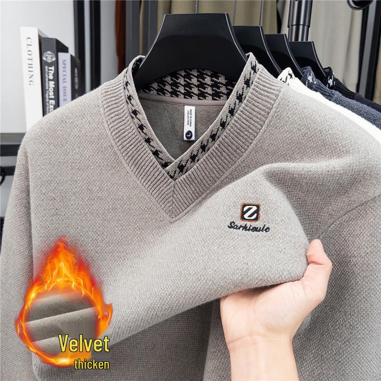 Men s Fleece-Lined V-Neck Knit Sweater (2025 Style) 4XL