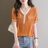 Women's Summer Fashion V-Neck Tencel Top Clashing Ice Silk Knit Short Sleeve T-Shirt