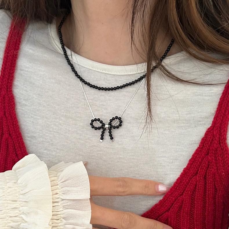 Новое серебряное колье-цепочка «змеиная кость» ручной работы с кулоном-бантом, женское нишевое изысканное милое колье-цепочка до ключиц чёрный