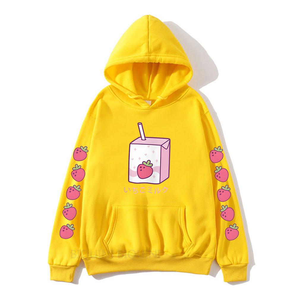 Strawberry Milk Cartoon Printing Hoodies Long Sleeve Hooded Sweatshirts Kawaii Clothing for Girls Moletom Feminino