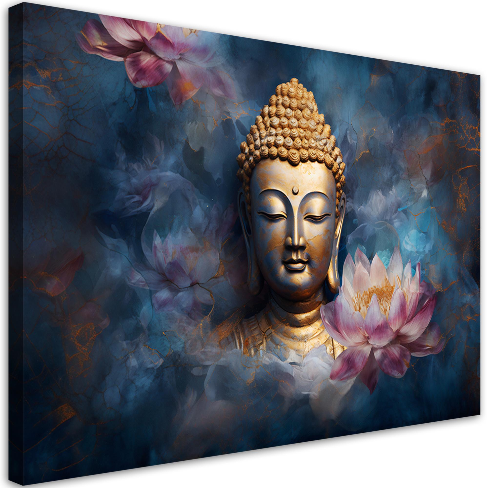 Impressão em tela, Buda e flores zen 60x40 azul