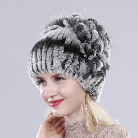 Brand Women Genuine Rex Rabbit Fur Hats Winter Rex Rabbit Fur Beanies Striped Top Flower Fox Fur Warm Real Fur Knit Caps