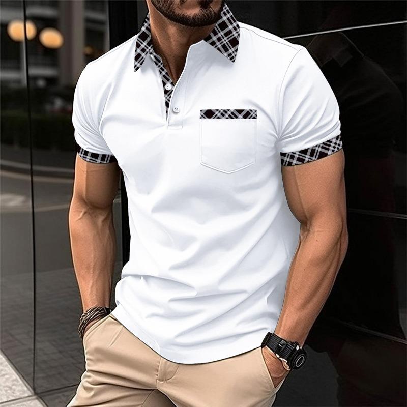 Men's Korean-Style Casual Short-Sleeve Polo Shirt  Color Block Pocket Lapel Button Versatile Top