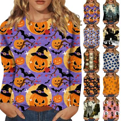 Women's Long-sleeved Loose-necked Halloween Print Casual Top, Suitable for Holiday Parties