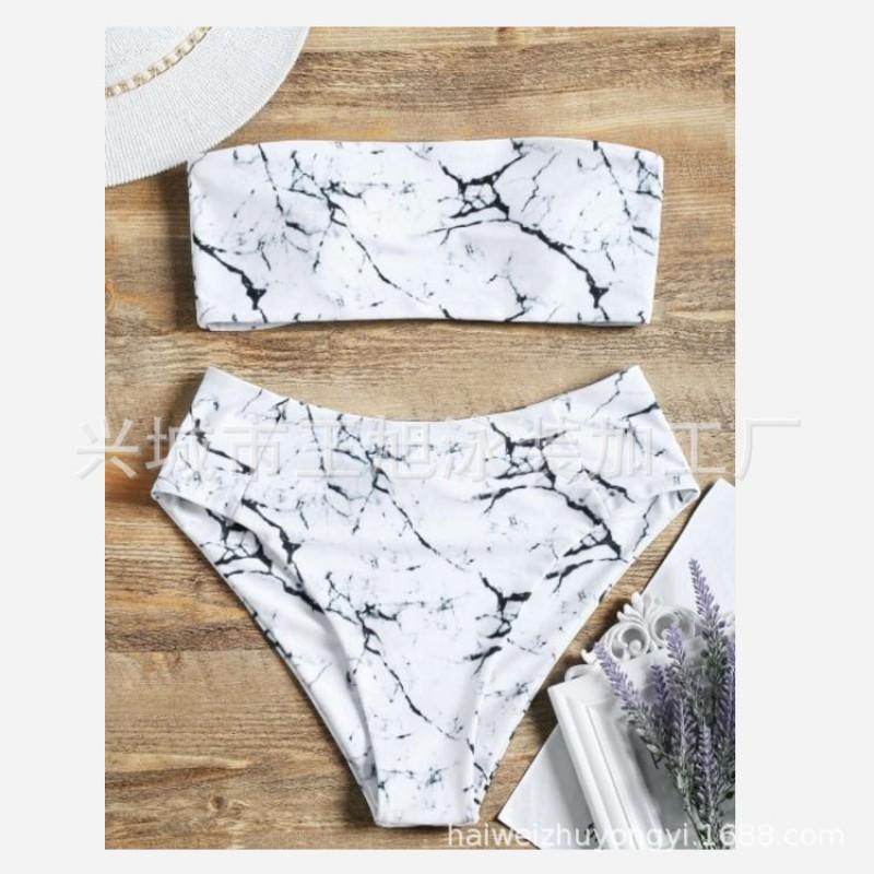 Womens Black White Marble Print Bikini Set Strappy Top High Cut Bottom Swimwear Small белый