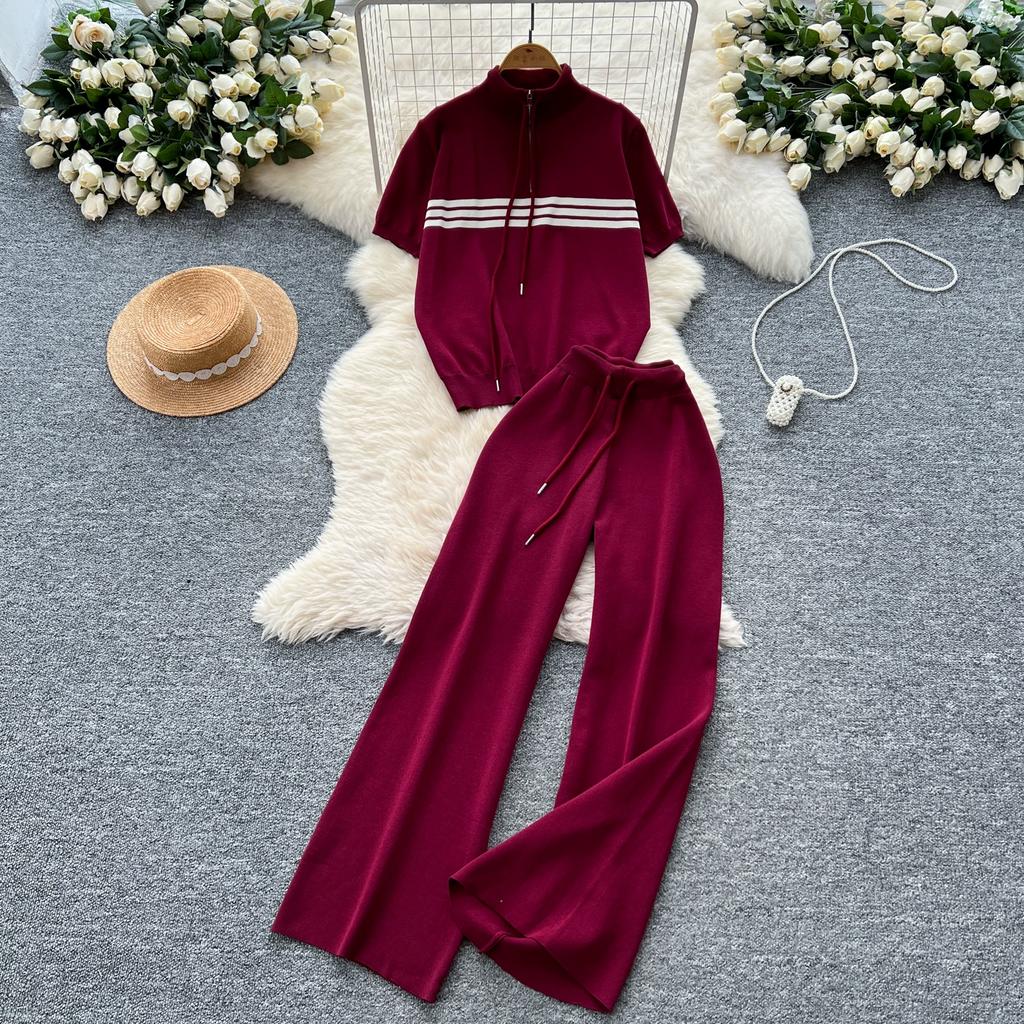 Summer Women Drawstring Knitted Sweater Trouser Two Piece Set Short Sleeve Zipper Pullover Tops and Wide Leg Pant Suit