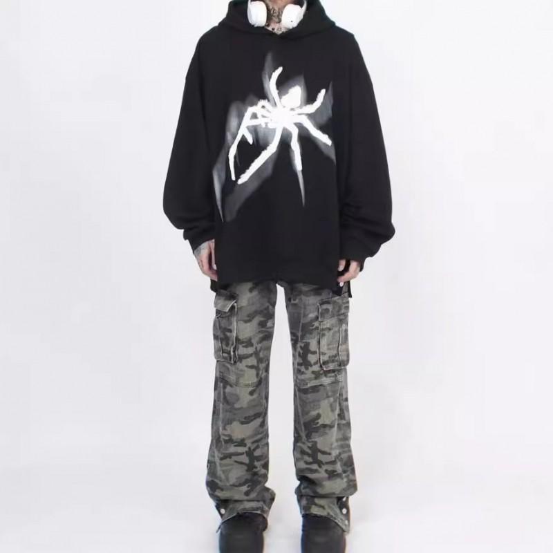 Felpa con Cappuccio Stampa Ragno Donna Streetwear Vestibilità Larga con Dettaglio Bottone Fondo Spaccato Stile Hip Hop