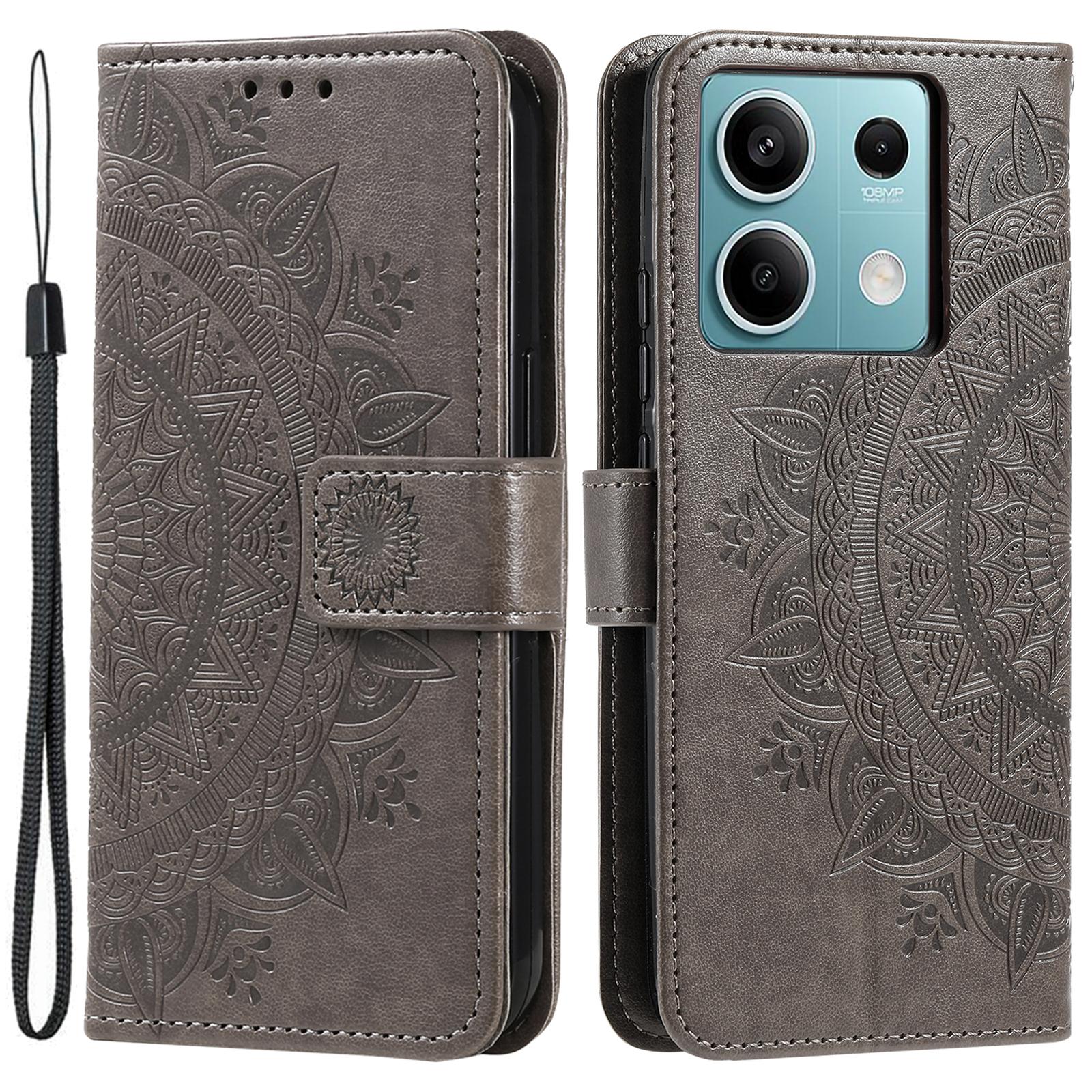

For Xiaomi Redmi Note 13 5G Leather Case Mandala Flower Cover Magnetic Clasp Grey