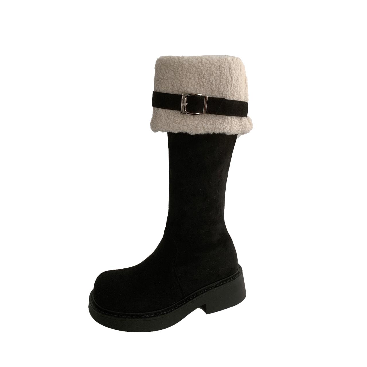 

Зимние сапоги на толстой подошве, женские модные сапоги выше колена из искусственного меха, новые зимние теплые меховые сапоги, повседневная хлопковая обувь с пряжкой на ремне 40