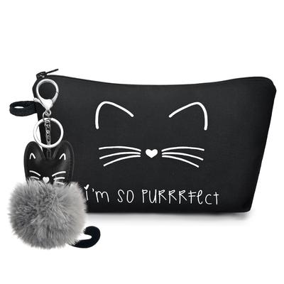 Women's Makeup Pouch, Cosmetic Pouch, Large Capacity, Cute, Stylish, Water-Repellent, Storage Pouch, Gadget Case, Portable, Travel, Cat Print (Black)