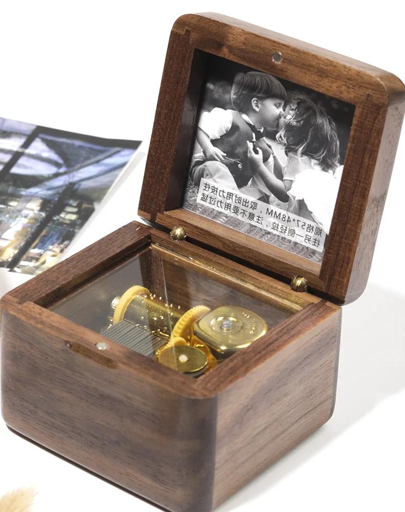 Wooden Photo Music Box DIY Engraved Walnut Keepsake Gift Creative Present for Loved Ones