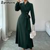Women's Autumn Winter Suit Collar Long Sleeve Waist Belt Ruched Maxi Dress Formal Work Wear