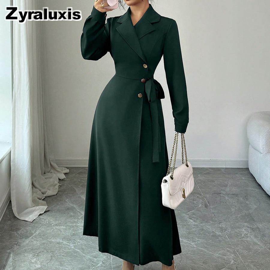 Women's Autumn Winter Suit Collar Long Sleeve Waist Belt Ruched Maxi Dress Formal Work Wear
