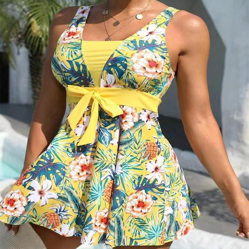 2024 Summer Beach Party New Swimsuit V-neck Printed Sexy Ladies Skirt Split Bikini Set