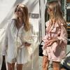 Women's Loose Fit Two Piece Matching Set Long Sleeve Ruffle Shirt Elastic Waist Shorts Outfit Set