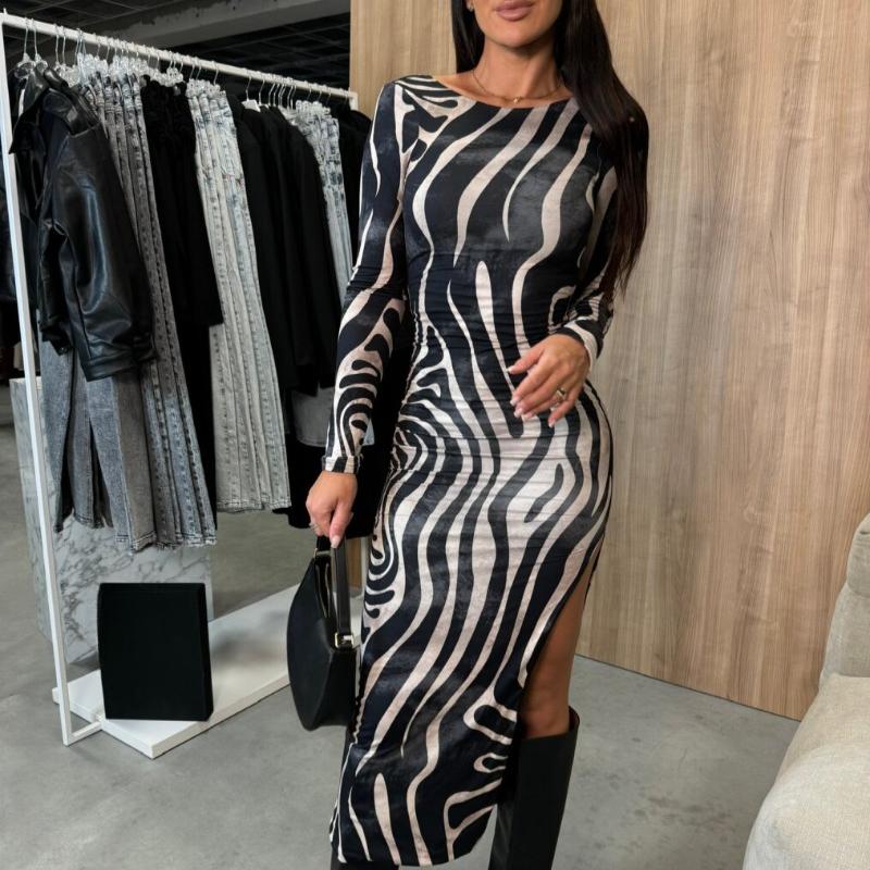 Autumn New Long Sleeve Zebra Print Split Sexy Dress Women Round Neck Slim Fit Vintage Party Club Casual Dresses Women Elegant High Waist Dress 25240