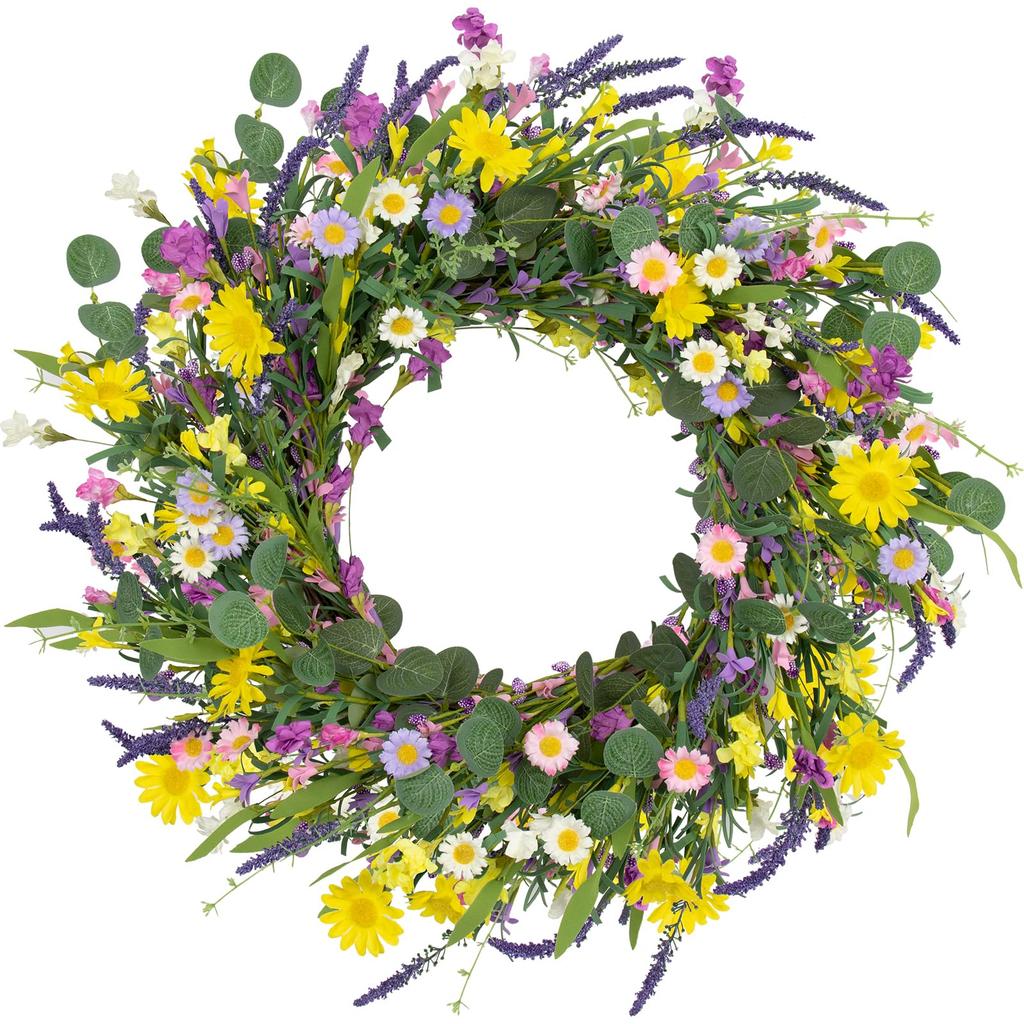 22 Inch Artificial Summer Wreath Daisy and Lavender Wreath with Wildflowers for Home Wall Farmhouse Springtime Easter Holiday Party
