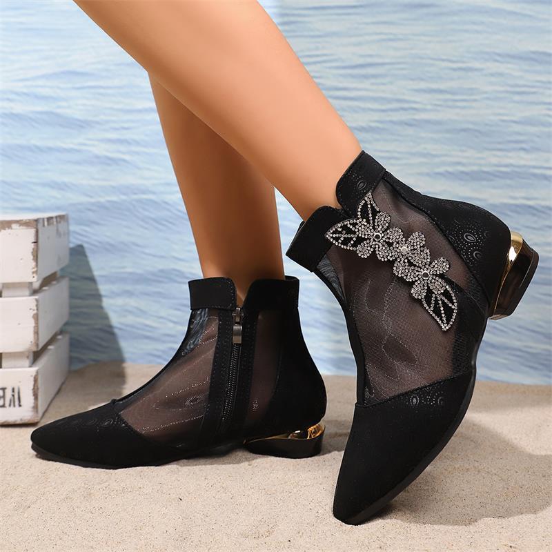 Fashion Luxury Glitter Flower Breathable Mesh Boots Women 2025 Summer Sexy Pointed Toe Low Heel Ankle Boots Side Zip Black Booties