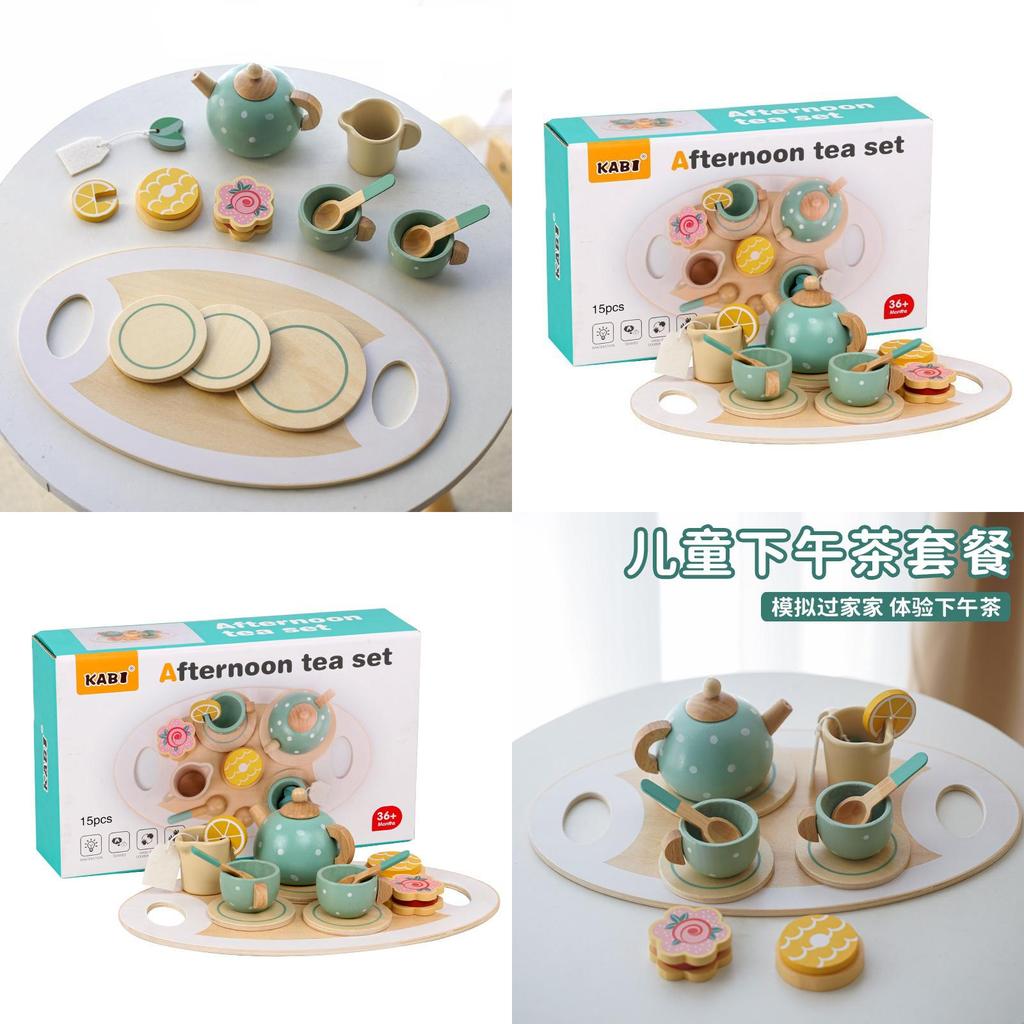 Children Pretend Play Tea Set With Wooden Pots And Cakes For Imaginative Kitchen Play