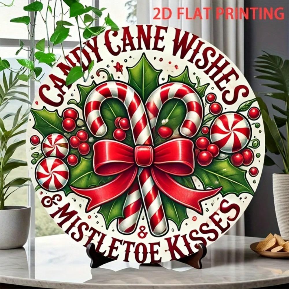 Vintage Rustic Metal Wall Decor Round Sign Holiday Home Decor Candy Cane Wishes Iron Art
