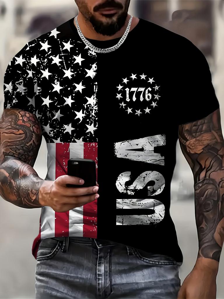 VintageT-Shirt dla mężczyzn American Flag Graphic T Shirts 1776 Print Tees Koszulki z krótkim rękawem Outdoor Oversized Men's Clothing Top