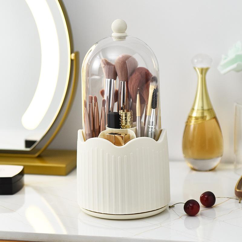 Porte-brosse de maquillage rotatif à 360 degrés, organisateur de cosmétiques avec couvercle pour vanité, porte-stylo multifonctionnel, boîte de rangement de rouge à lèvres
