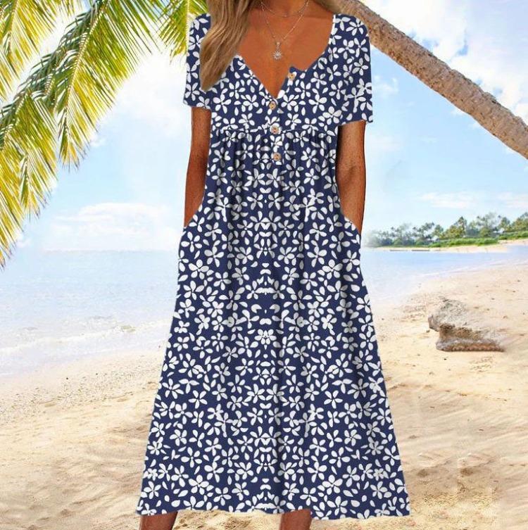 Buttoned Maxi Dress with Pocket Printed Cardigan Style Womens Dress