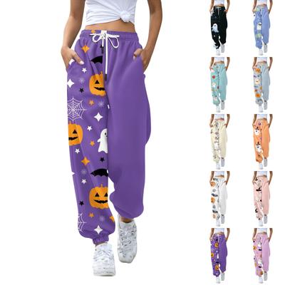 Damen-Freizeithose mit Halloween-Print, Kordelzug, elastische Taille, Kordelzughose